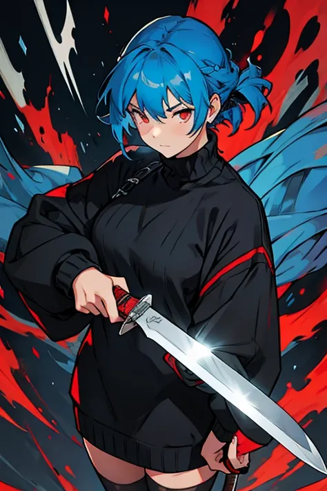 Young woman blue hair red eyes black sweater long stockings holding a knife 