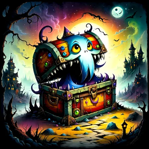 colorful treasure chest monsters,artistically expressed,by alexander jansson　style, stunningly beautiful work, the characters an...