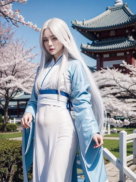 Long white hair, blue eyes, serious features, white skin, loose style, in a garden,in the Sakura Korea ,Korean Palace 