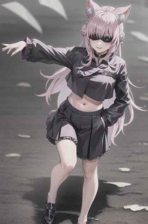 masterpiece, best quality, 1boy, Hakui koyori, white hair, short hair,  blindfold, black jacket, black pants, ,high collar, long sleeves, shoes,  smile, full body, standing, arms on hips, solo, looking at viewer, simple background ,hair bun
double bun
crow...