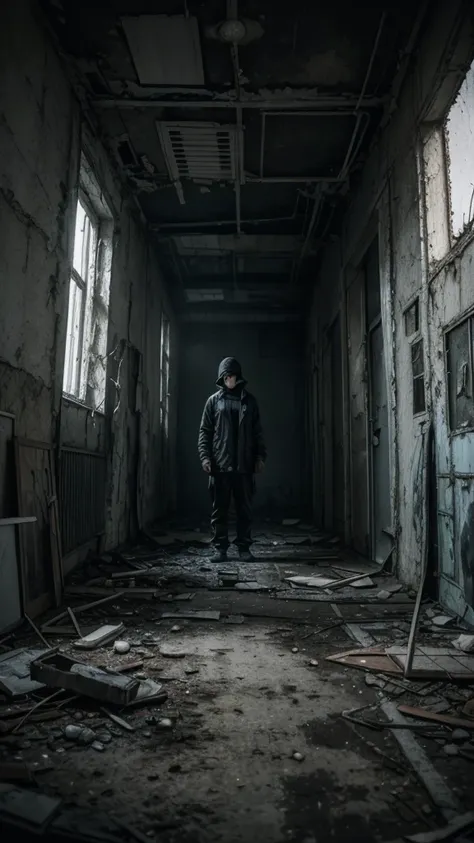 man in loose, lightweight black clothing, standing in an abandoned, decayed environment, resembling Chernobyl, scattered degraded objects, eerie atmosphere, misty air, sense of mystery and solitude, suspenseful mood, wide-angle lens, soft lighting