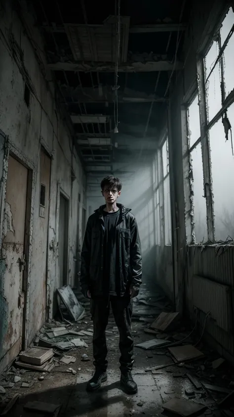 man in loose, lightweight black clothing, standing in an abandoned, decayed environment, resembling Chernobyl, scattered degraded objects, eerie atmosphere, misty air, sense of mystery and solitude, suspenseful mood, wide-angle lens, soft lighting