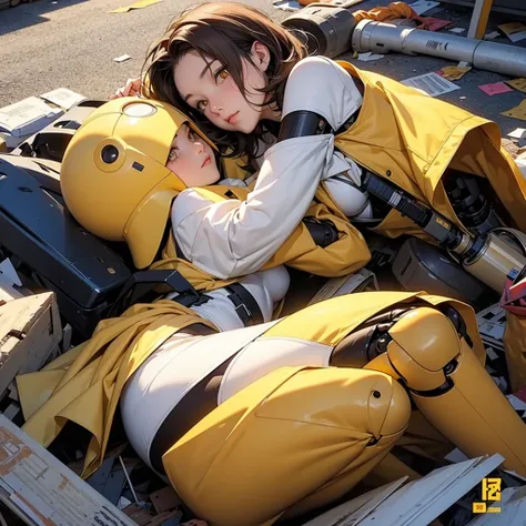 robot waifu girl, short brown hair, yellow eyes, lying  in a pile of trash