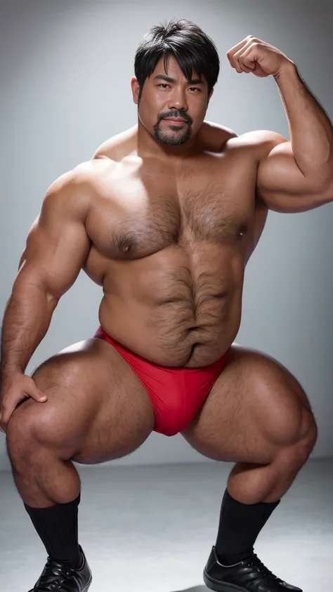 black hair, middle-aged man, individual, male, Muscular wrestler, muscular, Stout wrestler, Asian, Japanese, uncle, 55 year old middle-aged man, short hair, short hair, red wrestling boots, full body portrait, shadow, Vision, red briefs, obesity, 45 years ...