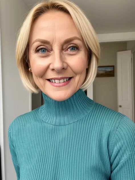 photo of a slutty horny blonde mature submissive wife with big bulging beautiful eyes, very short hair, She wears: (turtleneck high ribbed bright tight sweater:1.1), sexy old lady next door neighbour who wants me bad, excited and overjoyed 