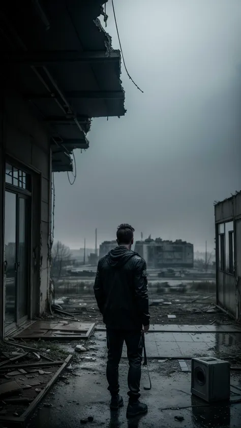 view from behind of a man in lightweight black clothing, looking out over an abandoned, decayed environment, Chernobyl-like ruins in the distance, scattered degraded objects, misty air, sense of solitude, medium shot, moody lighting