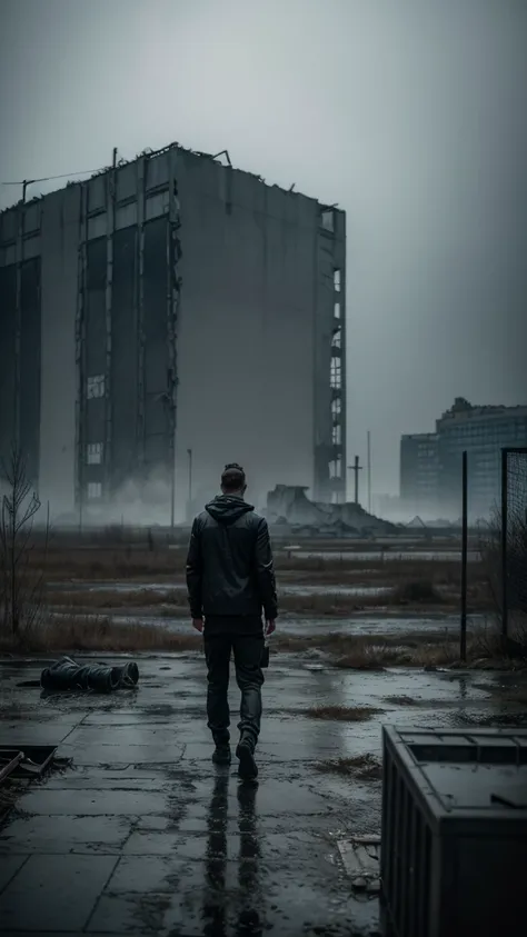 view from behind of a man in lightweight black clothing, looking out over an abandoned, decayed environment, Chernobyl-like ruins in the distance, scattered degraded objects, misty air, sense of solitude, medium shot, moody lighting