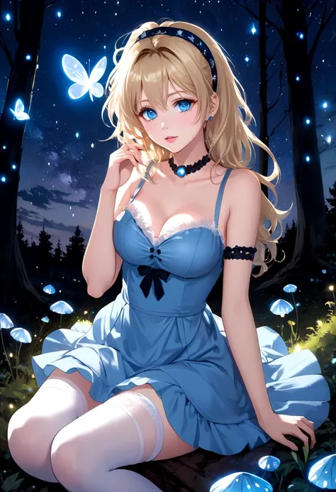 Big messy haired blonde anime woman with hairband, pale blue eyes, wearing short blue dress with no sleeves, cleavage, white stockings and little black shoes, sitting in the woods next to glowing mushroom surrounded by fireflies under the starry night sky 