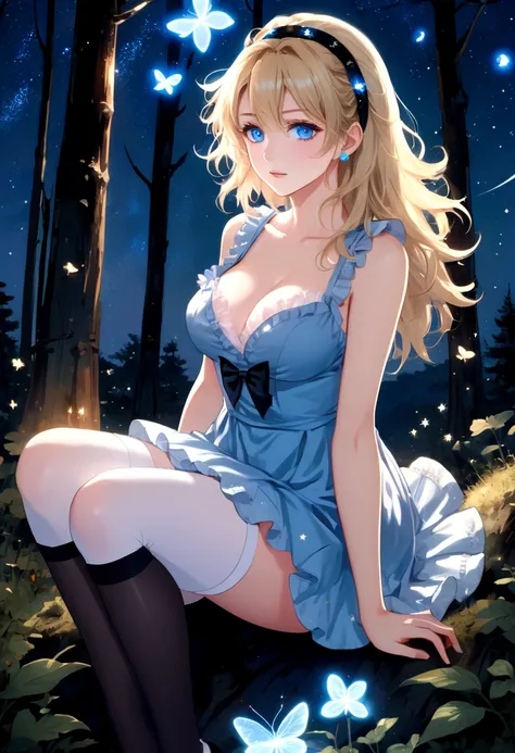 Big messy haired blonde anime woman with hairband, pale blue eyes, wearing short blue dress with no sleeves, cleavage, white stockings and little black shoes, sitting in the woods next to glowing mushroom surrounded by fireflies under the starry night sky 