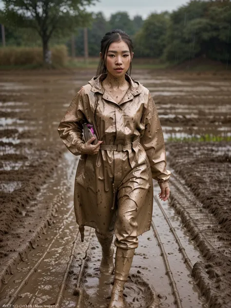 a beautiful young asian woman wearing a pink buttoned matte raincoat, her clothes and raincoat covered in mud, walking through a...