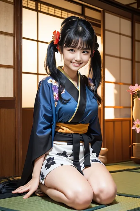 （8K、Raw photography、Highest quality、masterpiece：1.2),(Black Hair、Dark Eyes:1.9),(Flower pattern kimono:1.6)、View your audience,Viewed from the front,White skin,(Twin tails:1.3)、(Tight waist:1.6)、(Clothes that accentuate the shape of the breasts:1.0)、(Big B...