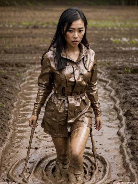 a beautiful young asian woman wearing a pink buttoned raincoat, buttoned up, wearing hood, her clothes and raincoat covered in m...