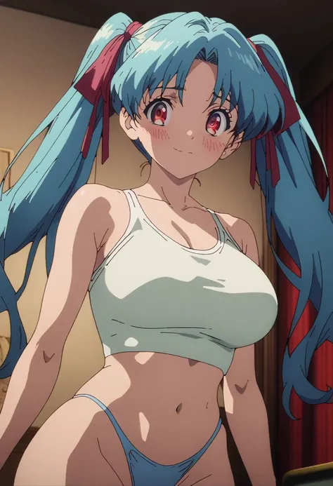 cel-shaded, 1990s anime, detailed, high quality, atmospheric, masterpiece, best quality, very aesthetic, absurdres, anime screencap, miku. 1girl, solo, red eyes, detailed eyes, blue hair, twintails, long twintails, hair ribbons, white crop top, thong, indo...