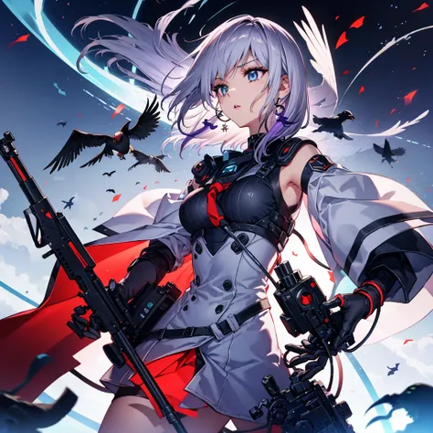 ((Gray Hair　Short Hair　blue eyes　sniper rifle)，((Crow　night　Red full moon))，(rooftop　Drop shoulder　Sailor suit　cyber punk　Shiny Earrings　Purple light)，　Sweat　A tense look　Also々funny Face　Headphones