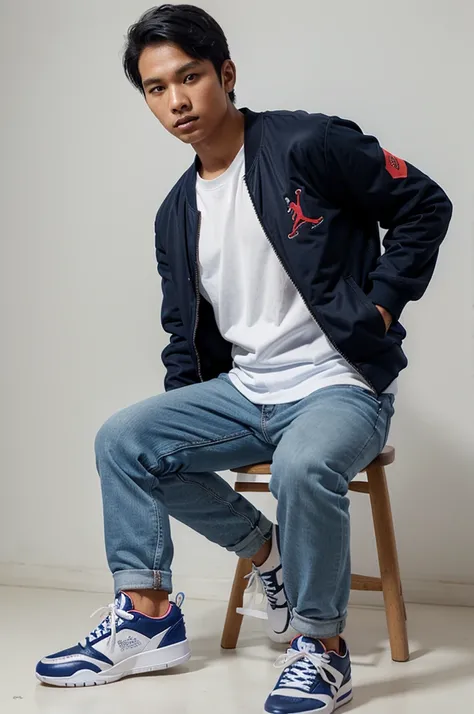 20 year old Indonesian man wearing a blue baseball bomber jacket, black jeans, blue Jordan Air shoes, season photo on a white background