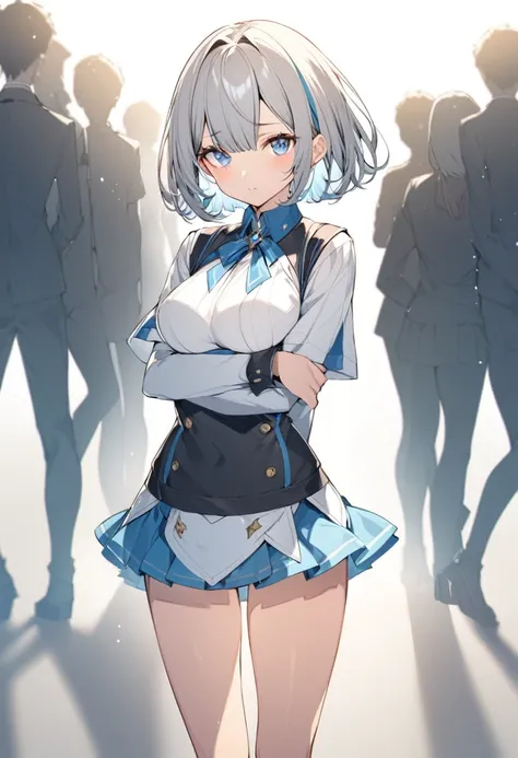 An illustration　girl　20-year-old　Short Bob　Ultra mini skirt　blue eyes　Best Bust　Overexposed　Shyly　Racy line　Gray Hair　Hands folded behind your back