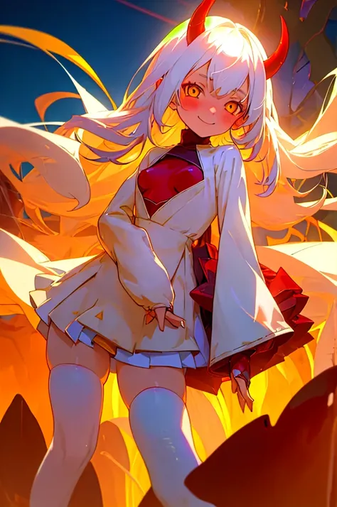 1 demon girl, 10 year old loli, solo, cute smile, long white hair, pale skin, small breasts,  dark sweater, white thighhighs, red rough texture horns, yellow eyes, fantasy, dramatic lighting, hell scenery, blushing, best quality, masterpiece,