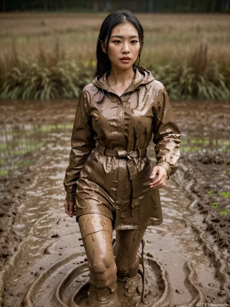 a beautiful young asian woman wearing a pink buttoned raincoat, buttoned up, wearing hood a frame raincoat, her clothes and raincoat covered in mud, walking through a muddy field, (best quality,4k,8k,highres,masterpiece:1.2),ultra-detailed,(realistic,photo...