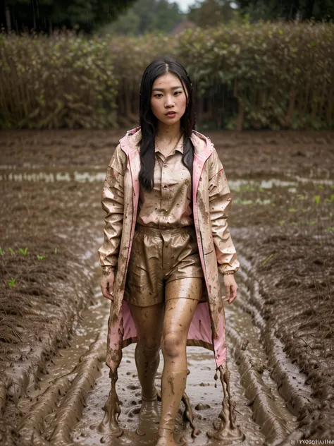 a beautiful young asian woman wearing a pink buttoned raincoat, buttoned up, wearing hood a frame raincoat, her clothes and raincoat covered in mud, walking through a muddy field, (best quality,4k,8k,highres,masterpiece:1.2),ultra-detailed,(realistic,photo...