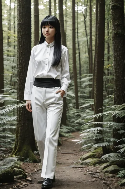 Japanese girl, White skin, long white hair with bangs, white long collar shirt and black pants in a forest 