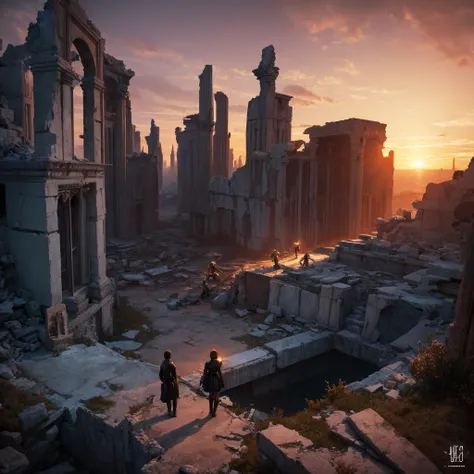 The end of the world, A visually captivating and immersive experience, Depth of written boundary, sunset, Marble ruins, 4K, Art Station, Hungry, Art Book