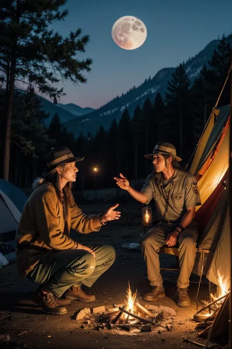 Old Apaches, greeting the sunrise, camp fire, spirits and lights , big full moon with wolf and owl 