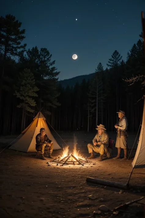 Old Apaches, greeting the sunrise, camp fire, spirits and lights , big full moon with wolf and owl 