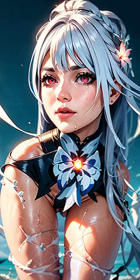 Super beautiful glowing eyes、 SkirkGI, red eyes, long hair, white hair, blue hair, hair ornament,  with her arms tied by a rough rope、perspiring、Ropes tied her body、a wet body、Rough rope that cuts into the crotch、A large amount of fluid flows out of the cr...