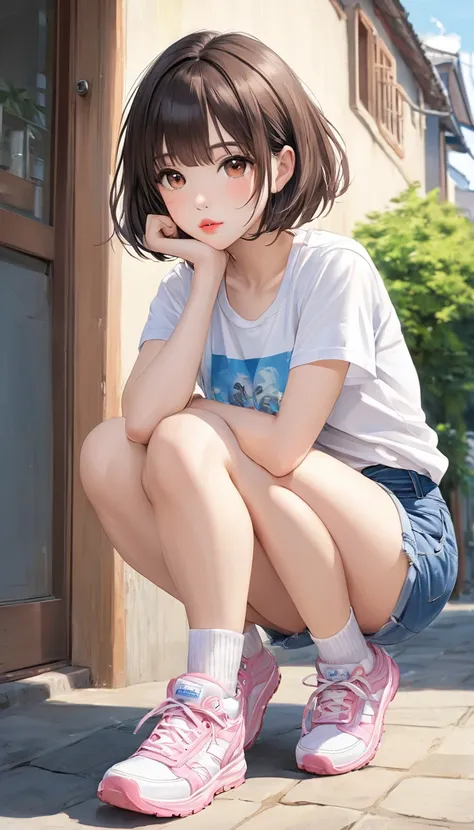 1girl, solo, blush, looking_at_viewer, short_hair, bangs, brown_hair, black_hair, shirt, original, brown_eyes, closed_mouth, full_body, short_sleeves, white_shirt, parted_lips, shoes, outdoors, shorts, day, socks, medium_hair, lips, squatting, denim, t-shi...