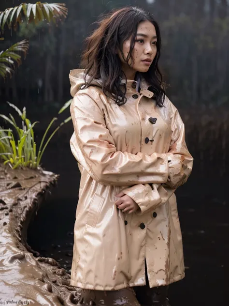 a beautiful young asian woman wearing a pink buttoned raincoat, her clothes and raincoat covered in mud, walking through a muddy field, (best quality,4k,8k,highres,masterpiece:1.2),ultra-detailed,(realistic,photorealistic,photo-realistic:1.37),HDR,UHD,stud...