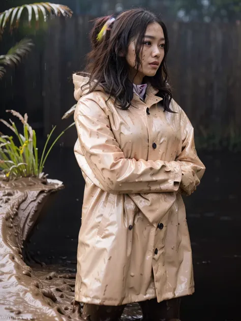 a beautiful young asian woman wearing a pink buttoned raincoat, her clothes and raincoat covered in mud, walking through a muddy field, (best quality,4k,8k,highres,masterpiece:1.2),ultra-detailed,(realistic,photorealistic,photo-realistic:1.37),HDR,UHD,stud...