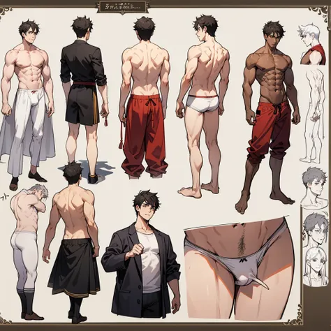 Masterpeice, best quality, correct annatomy, refrence sheet, male, underwear, athletic, multiple poses, front and back, muscular, adult, full body,