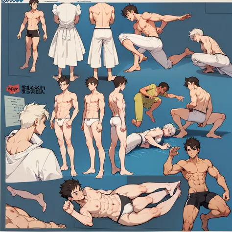 Masterpeice, best quality, correct annatomy, refrence sheet, male, underwear, athletic, multiple poses, front and back, muscular, adult, full body,