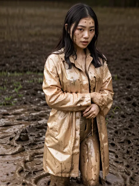 a beautiful young asian woman wearing a pink buttoned raincoat, her clothes and raincoat covered in mud, walking through a muddy field, (best quality,4k,8k,highres,masterpiece:1.2),ultra-detailed,(realistic,photorealistic,photo-realistic:1.37),HDR,UHD,stud...