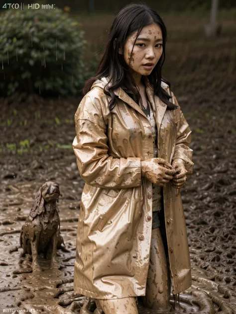 a beautiful young asian woman wearing a pink buttoned raincoat, her clothes and raincoat covered in mud, walking through a muddy field, (best quality,4k,8k,highres,masterpiece:1.2),ultra-detailed,(realistic,photorealistic,photo-realistic:1.37),HDR,UHD,stud...