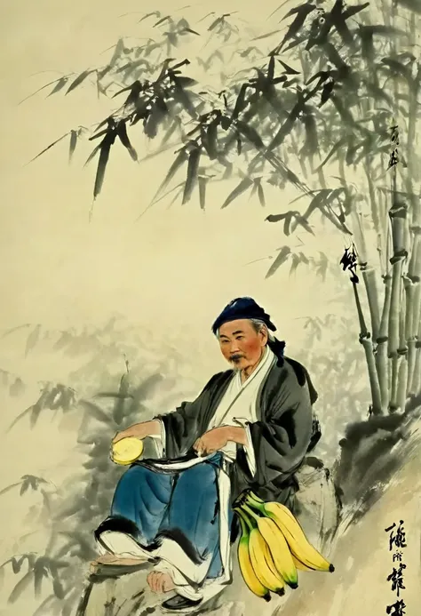 Photography，Pictorial works，Simplicity，Traditional Chinese Art，Beside the bamboo forest，A tall stone，There is a deck chair on the stone，An old man in Chinese clothes，sit on the chair，The old man holds a banana fan in his hand，The view is of a small house a...