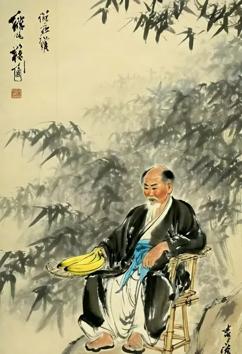 Photography，Pictorial works，Simplicity，Traditional Chinese Art，Beside the bamboo forest，A tall stone，There is a deck chair on the stone，An old man in Chinese clothes，sit on the chair，The old man holds a banana fan in his hand，The view is of a small house a...