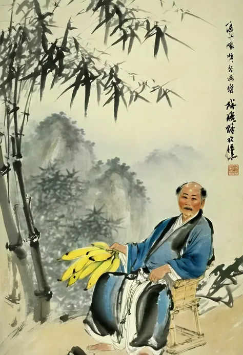 Photography，Pictorial works，Simplicity，Traditional Chinese Art，Beside the bamboo forest，A tall stone，There is a deck chair on the stone，An old man in Chinese clothes，sit on the chair，The old man holds a banana fan in his hand，The view is of a small house a...