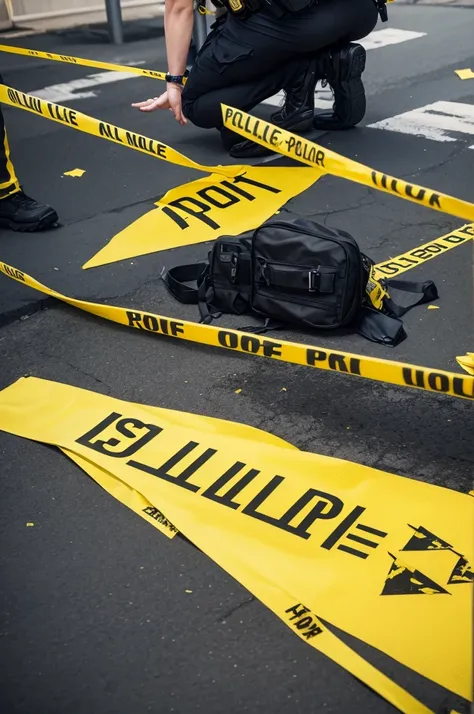 Floor scene with a murder investigation with yellow police signs 