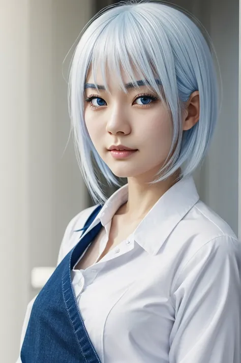 Japanese girl, realistic style, girl with white hair and blue eyes, with white long collar shirt