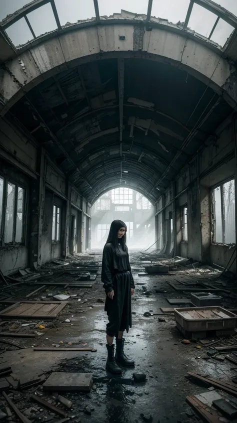 broad view of solitary figure in lightweight black flowing garments, in a deserted, dilapidated landscape, with Chernobyl-esque ruins, rusted and broken objects spread out, foggy ambiance, expansive feel, wide-angle perspective, natural light