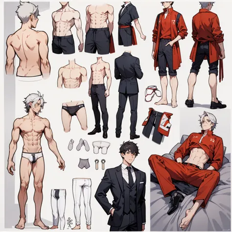 Masterpeice, best quality, correct annatomy, refrence sheet, male, underwear, athletic, multiple poses, front and back, muscular, adult, full body,