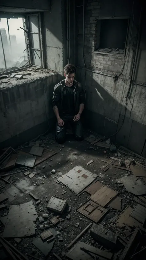 high-angle shot of man in lightweight black clothing, in an abandoned, decayed environment, looking down on Chernobyl-like ruins, scattered degraded objects, misty air, sense of vulnerability, bird’s-eye view, dramatic lighting