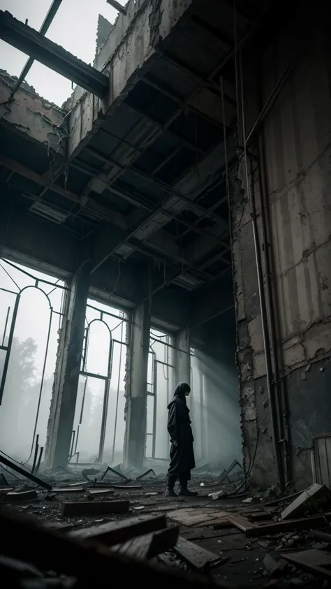 upward view of solitary figure in lightweight black flowing garments, in a deserted, dilapidated setting, Chernobyl-esque ruins looming overhead, rusted and broken objects, foggy ambiance, feeling of oppression, low-angle perspective, dim light