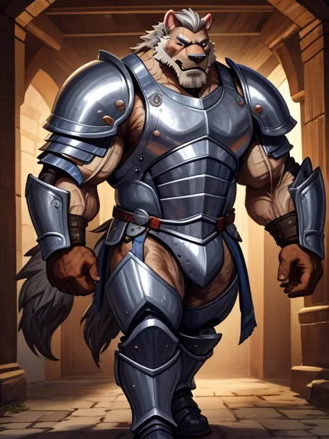 burly virile hairy werewolf, in a suit of armor, a himbo muscle daddy, middle-aged dilf, hirsute, overmuscular and musclebound, bulging veiny muscles, a warriors build, a bodybuilders physique, long bushy and a thick mustache, a square jaw, handsome and dr...