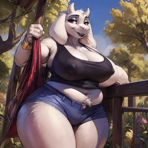 by darkgem, by duase, by kevinsano, solo, 1girl, toriel, maroon eyes, female, older woman, furry body, chubby, heavyset, broad shoulders, wide body, wide hips, thick thighs, big arms, heavy breasts, nipple outline, highly detailed eye, (black pupil:1.3), m...