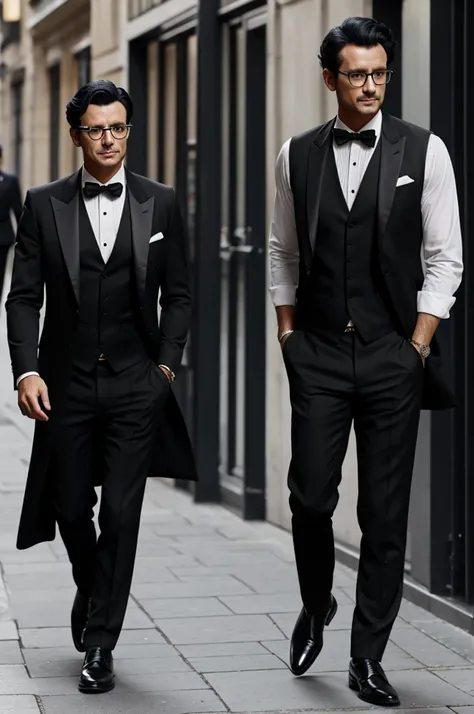 black tie, black hair Dishevelled, wearing a long-sleeved black vest, Western shoes and black V-shaped glasses, 