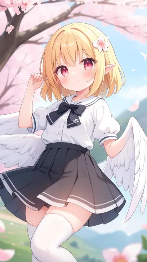 1girl,20s,happy,white shirt,black standard tie,short sleeves,white school skirt,short hair,blonde hair,pointy ears,((harpy,harpy...