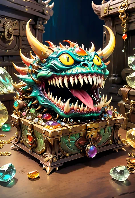 Mimic，Treasure Box Monster，Weird tongue and nasty teeth. Scattered jewelry, by Studio Ghibli, best quality, masterpiece, very aesthetic, perfect composition, intricate details, ultra-detailed