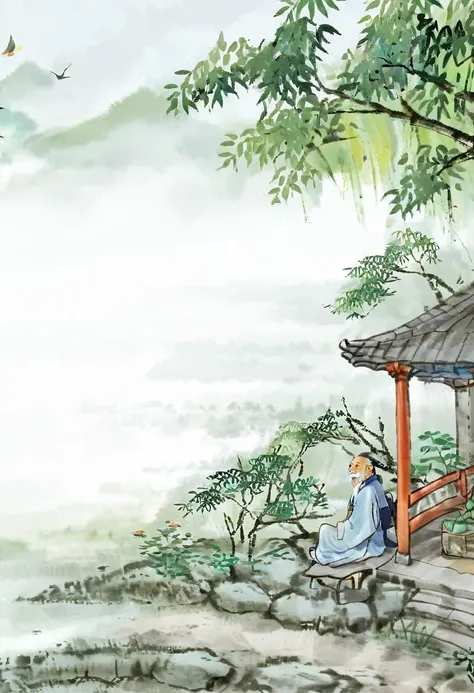 Photography，Pictorial works，Simplicity，Traditional Chinese Art，summer，High temperature，Beside the bamboo forest，A tall stone，There is a deck chair on the stone，An old man in Chinese clothes，sit on the chair，the old man holding a fan in his hand，The view is...